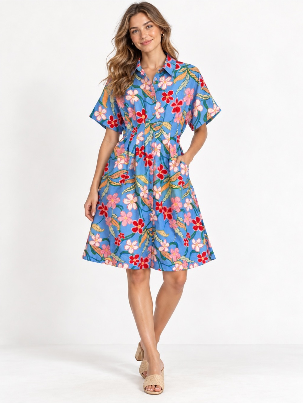 Easel Blue Floral Button Front Shirt Dress NWT